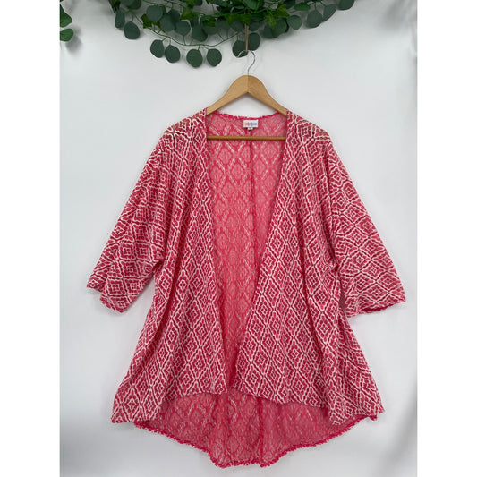 LulaRoe Womans Coral Pink White Lace Style Kimono Duster Coverup Large