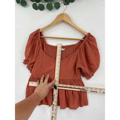 Oneill Isabel Solid Peplum Elastic Sleeves Medal Logo Woven Top XS