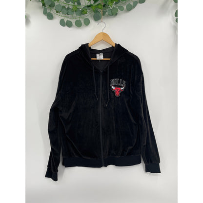 NBA Chicago Bulls Basketball Logo Velour Black Zipper Hoodie XL