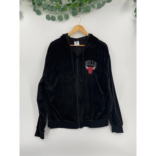NBA Chicago Bulls Basketball Logo Velour Black Zipper Hoodie XL