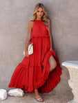 Woman's Style Collection Ruffled Sleeveless Tiered Maxi Dress with Pockets