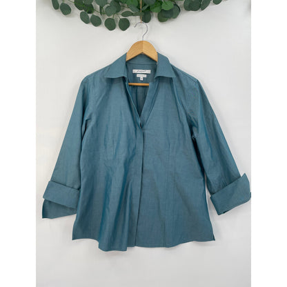 Foxcroft Blue Blouse Top Heritage No Iron Button Up 14P Fitted