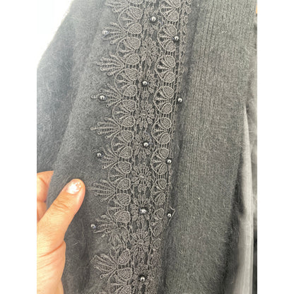 VTG 90's Black Front Beaded Crochet Angora Open Long Sleeved Lined Coat Made in Mexico one side fits all
