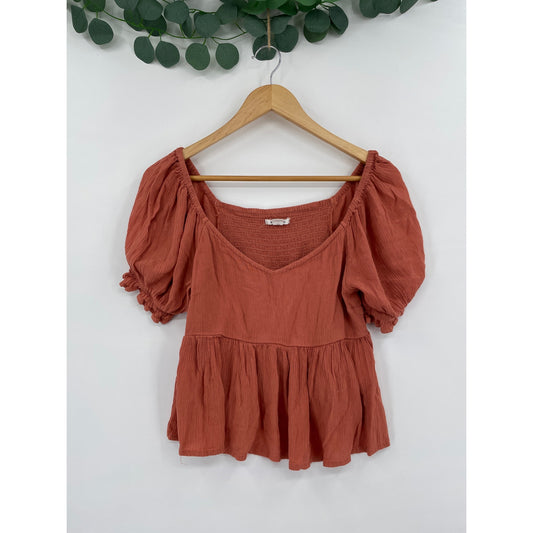 Oneill Isabel Solid Peplum Elastic Sleeves Medal Logo Woven Top XS