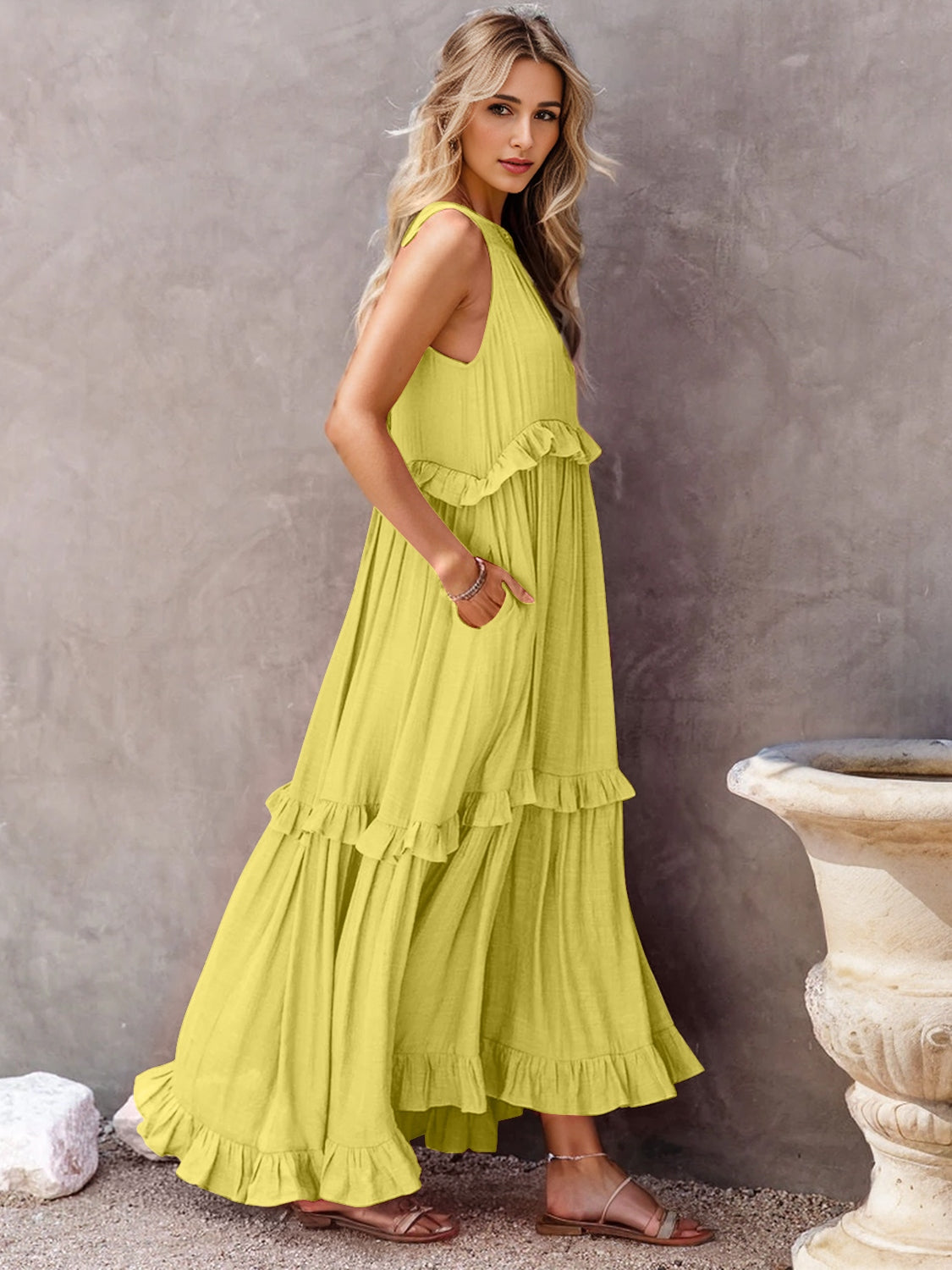 Woman's Style Collection Ruffled Sleeveless Tiered Maxi Dress with Pockets
