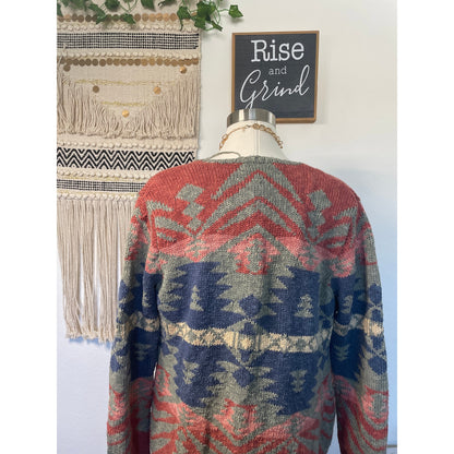 Vintage Exlcusive Hand Knit for Lauren Ralph Lauren Womans Western Aztec Open Knit Sarape Cardigan Sweater -M