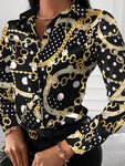 Woman's Style Collection Printed Collared Neck Long Sleeve Blouse