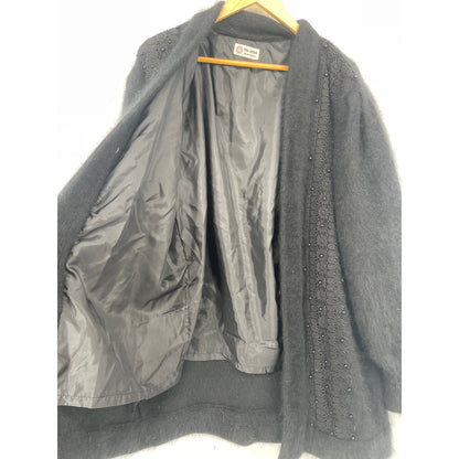VTG 90's Black Front Beaded Crochet Angora Open Long Sleeved Lined Coat Made in Mexico one side fits all