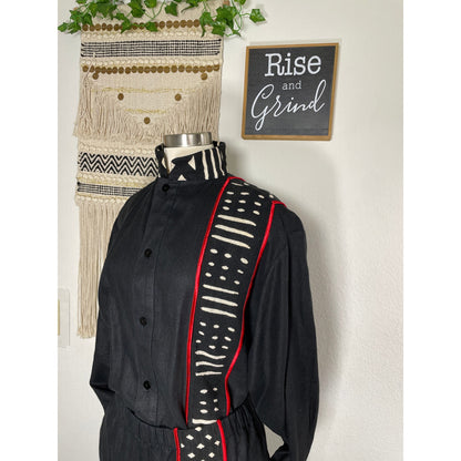 Unisex Vintage NIA Linen Cotton Black and Red Tribal Ethnic Shirt & Pant Set Suit M