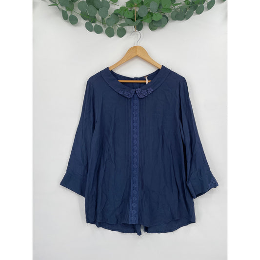 Free People Womans Navy Blue Long Sleeve Cottage Core Lace Button Blouse Large