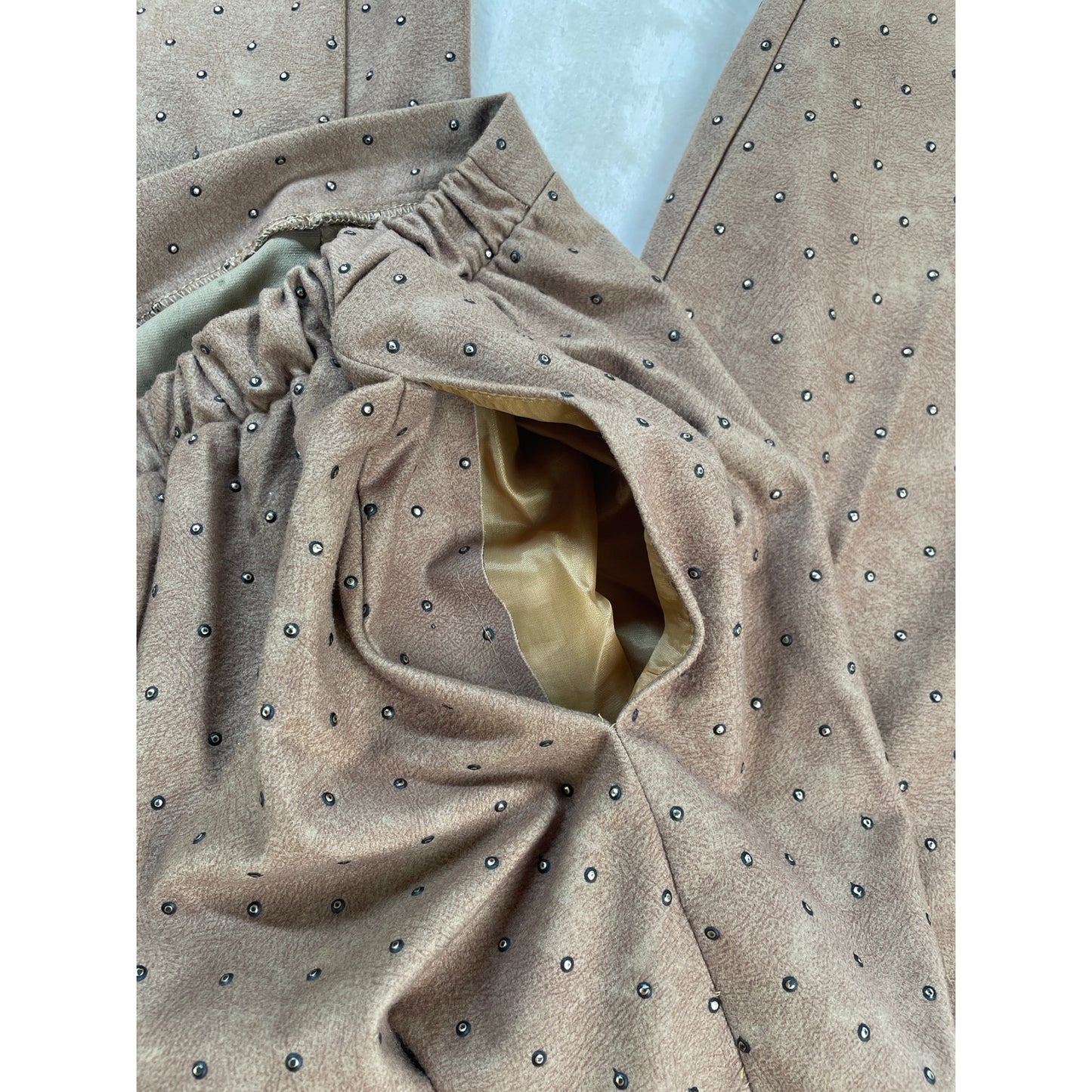 Vintage Caramel Studded Set Satin Lined Bomber Jacket Stretch Pant Suit M