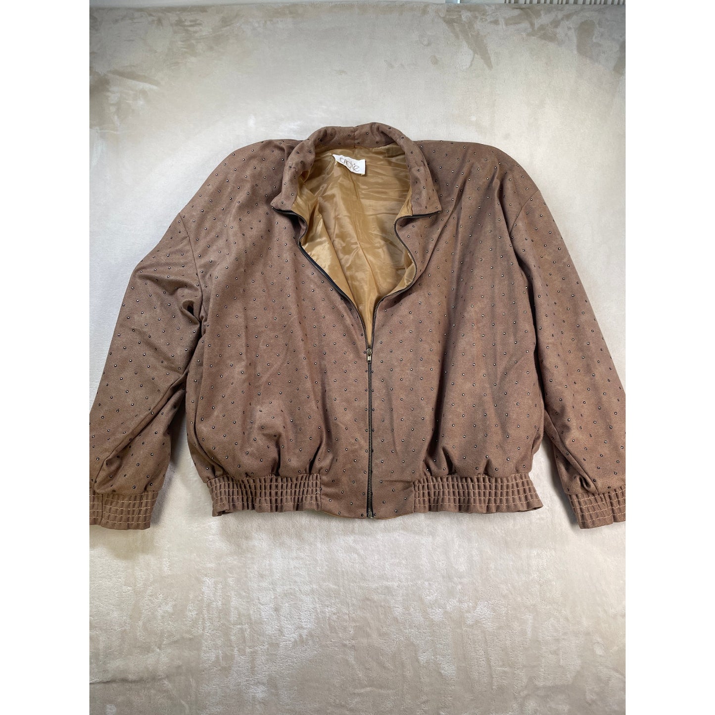 Vintage Caramel Studded Set Satin Lined Bomber Jacket Stretch Pant Suit M