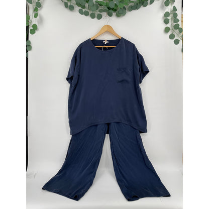Lunya %100 Silk Pajama Navy Blue 2 Piece Set Top and Bottom XS