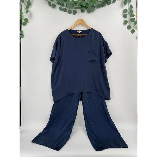 Lunya %100 Silk Pajama Navy Blue 2 Piece Set Top and Bottom XS