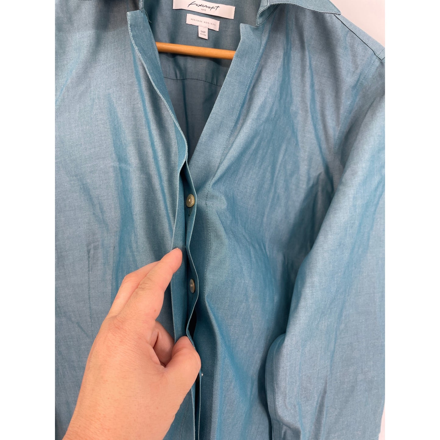 Foxcroft Blue Blouse Top Heritage No Iron Button Up 14P Fitted