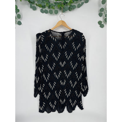Vintage Black Embroidered Beaded Scalloped Top L