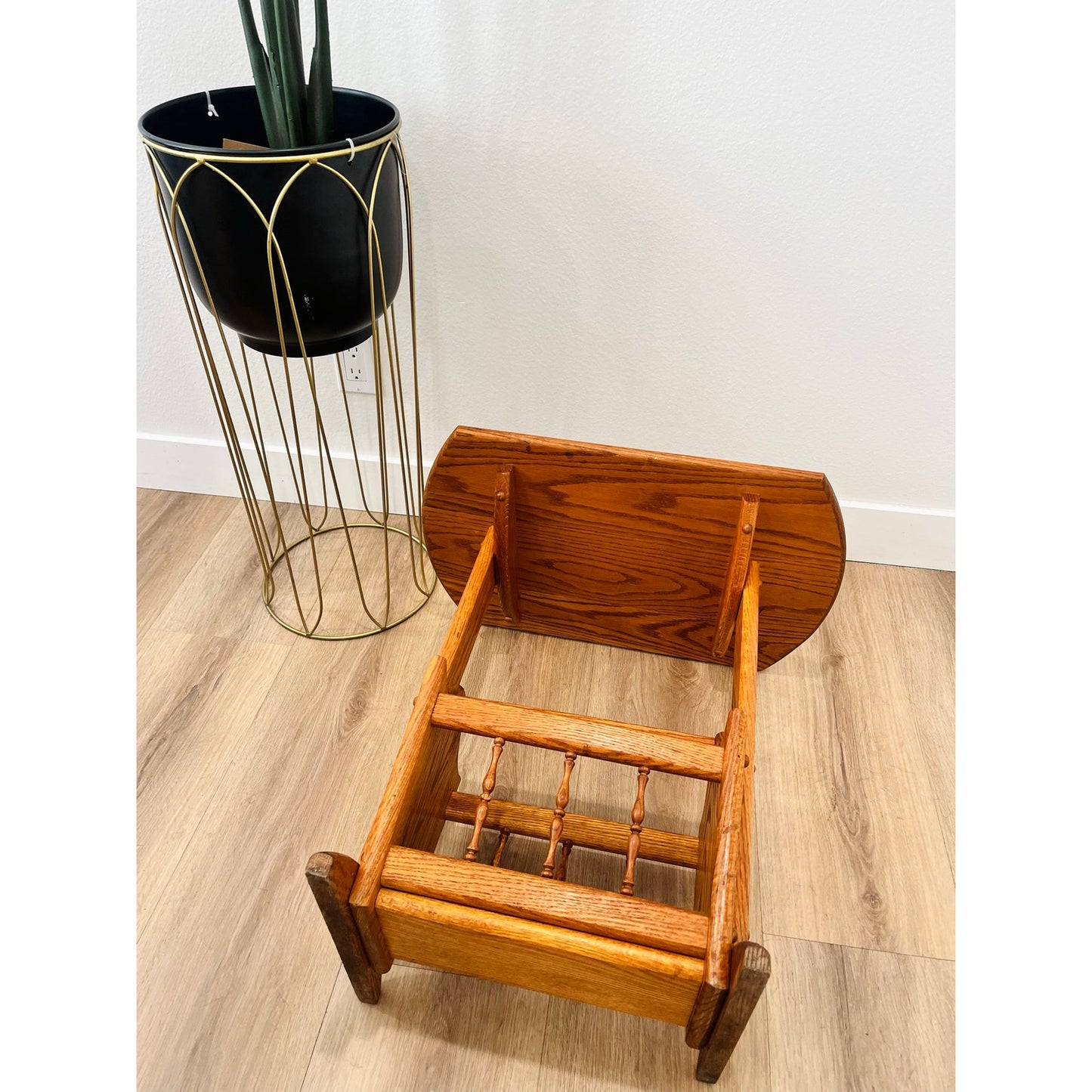Vintage Hand Crafted Solid Oak Wood Accent Table + Magazine Rack