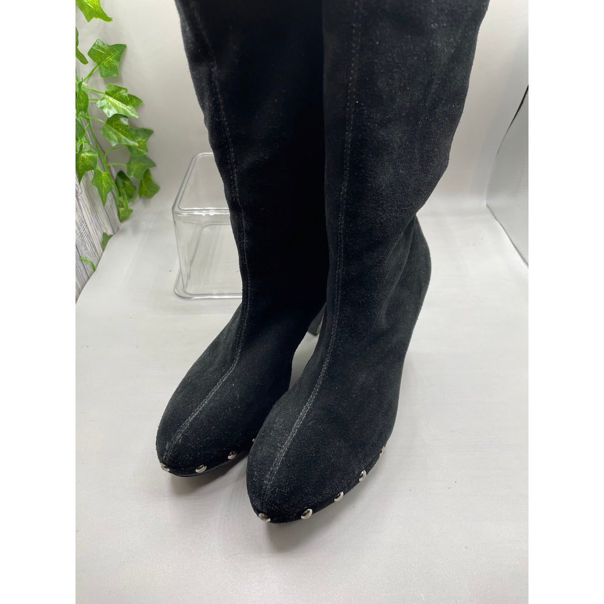 Micheal Kors Silver Studded Suede Faux Fur Lined Black Pull-On Clog Boots Size 6 Med