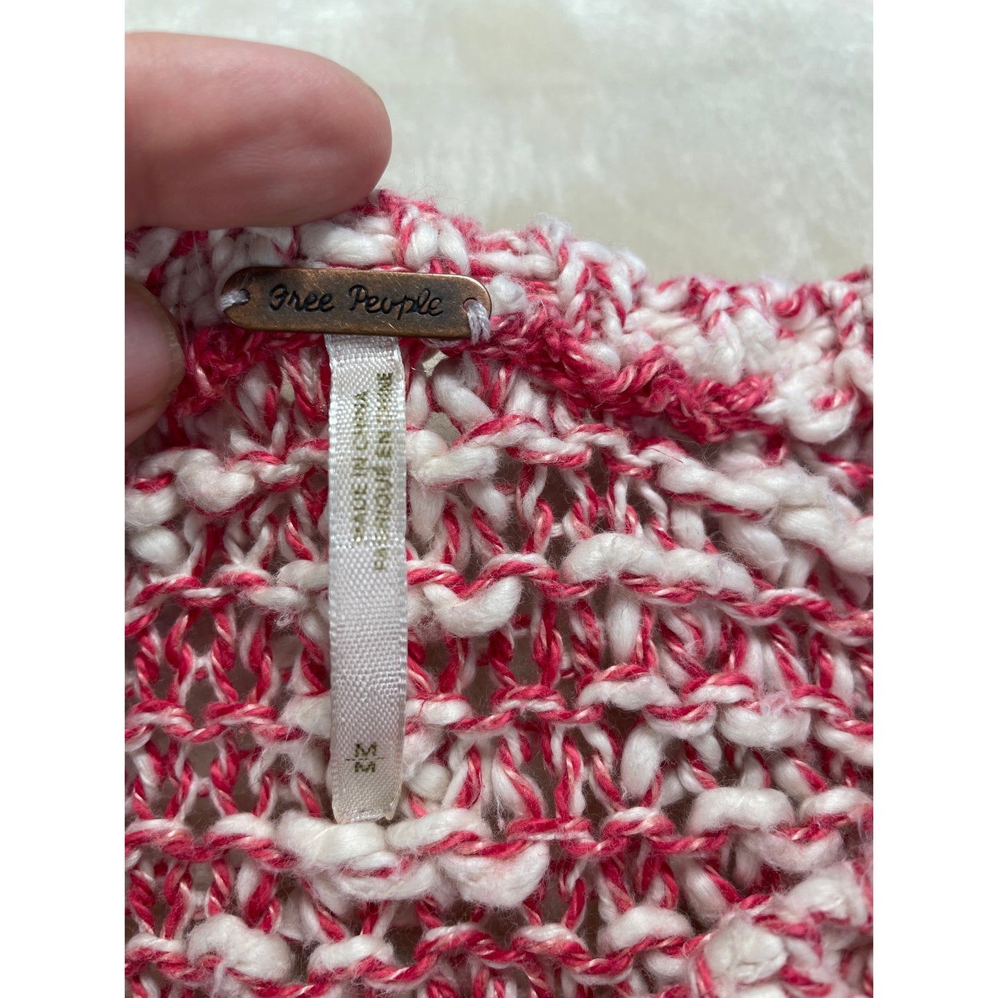 Free People Womans Stretchy Red & Cream V Neck Knit Sweater Top M