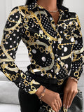 Woman's Style Collection Printed Collared Neck Long Sleeve Blouse