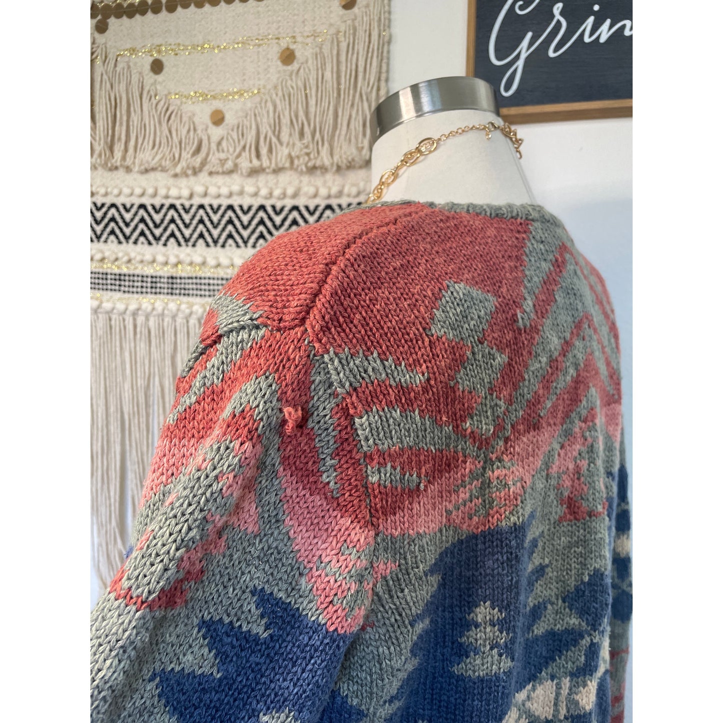 Vintage Exlcusive Hand Knit for Lauren Ralph Lauren Womans Western Aztec Open Knit Sarape Cardigan Sweater -M