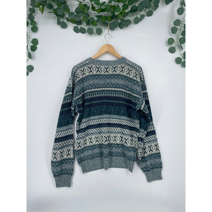 Vintage 80's Sears Mens Store Geometric Sweater Green Blue Grey Made in Korea Large