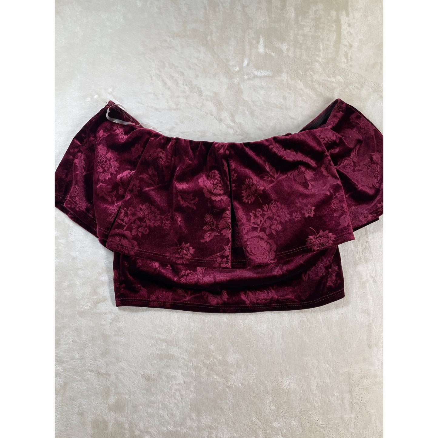 Vintage NWT Womans Dead Stock Y2k Burgundy Velour Off the Shoulder Crop Top Pant Set L
