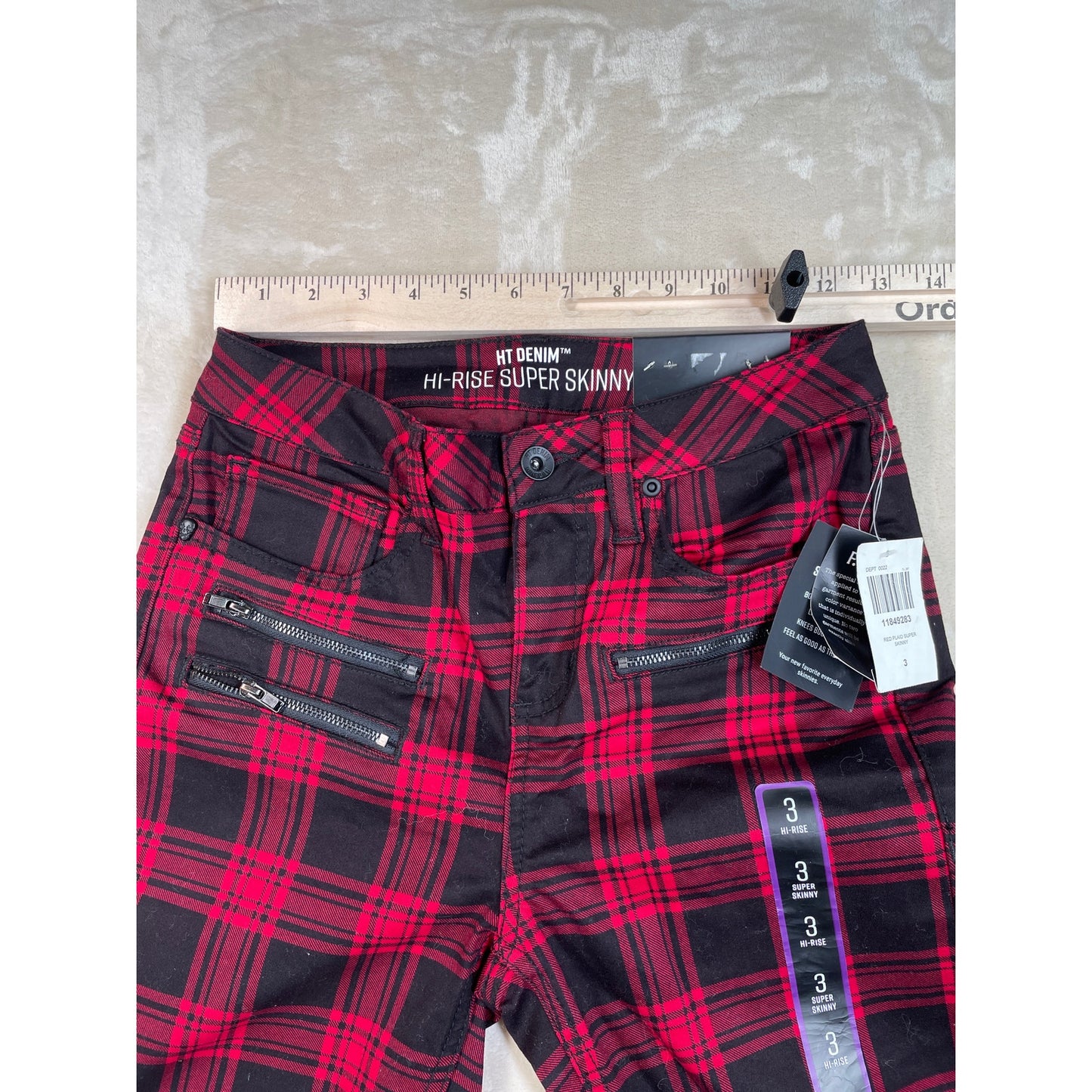 Hot Topic NWT Denim Hi Rise Super Skinny Red & Black Plaid Goth Punk Womans Pants Size 3