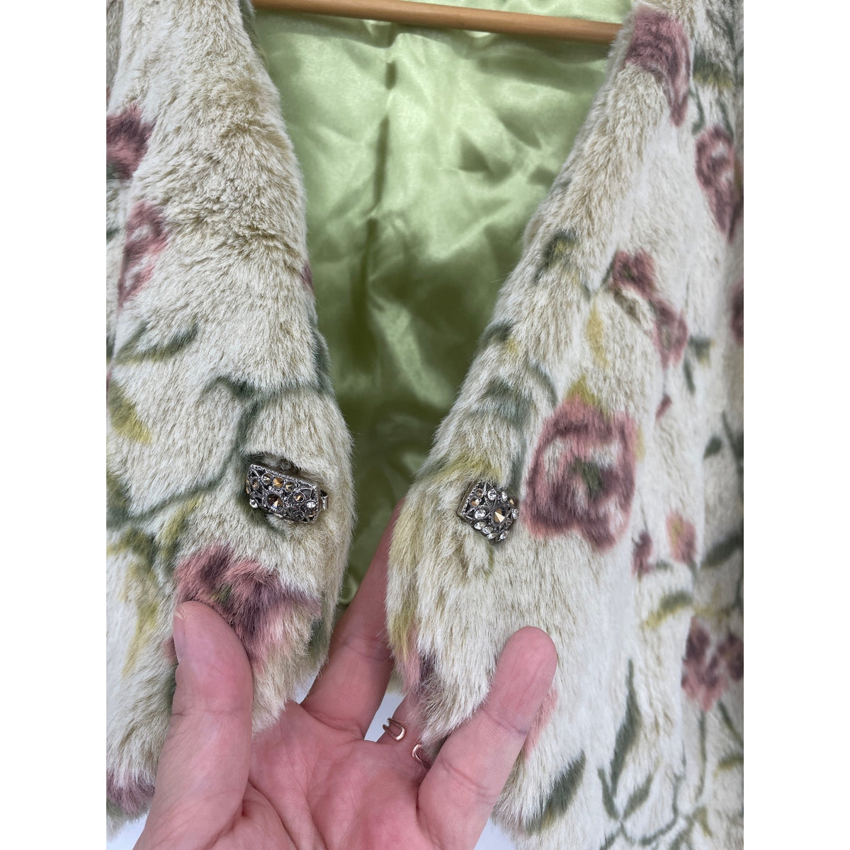 Faux Fur Floral Satin Lined Cropped Jacket Large