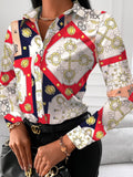 Woman's Style Collection Printed Collared Neck Long Sleeve Blouse