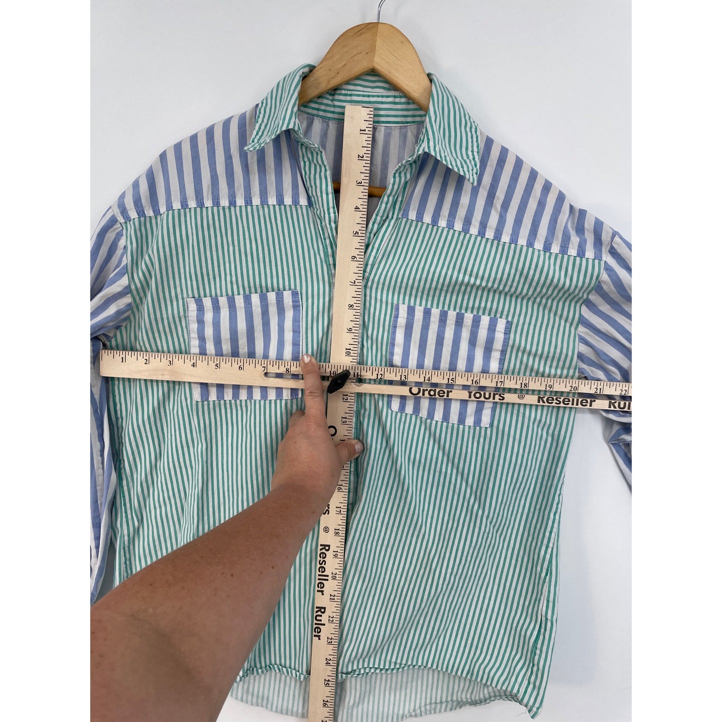 Matching Set Green Blue White %100 Cotton Womans Long Sleeve Button Shirt Shorts Size Med