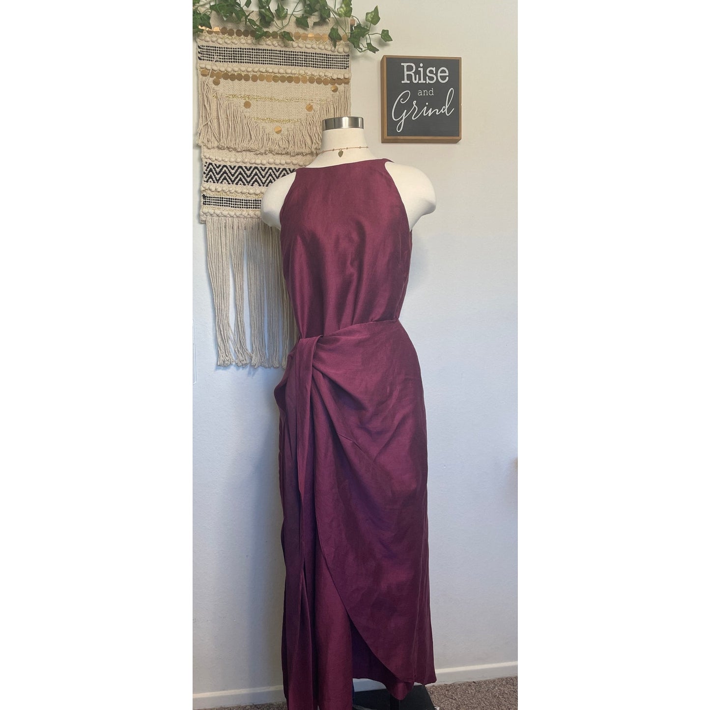 Bondi Born Organic Bulgarian Linen Burgundy Woman’s Wrap Tie Dress Made in Australia Large