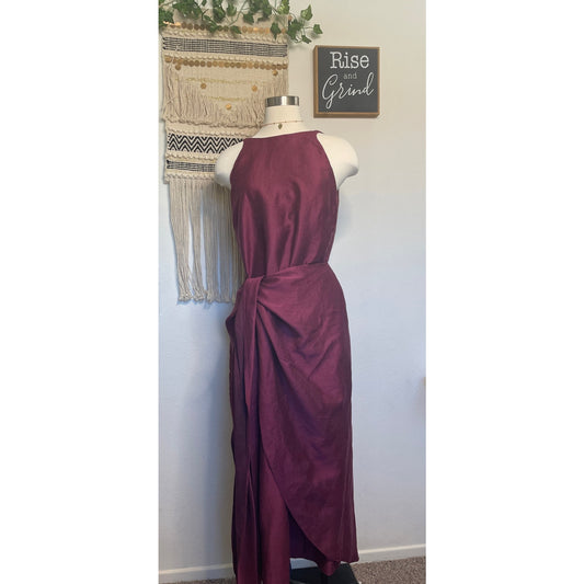 Bondi Born Organic Bulgarian Linen Burgundy Woman’s Wrap Tie Dress Made in Australia Large
