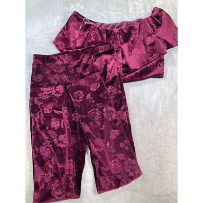 Vintage NWT Womans Dead Stock Y2k Burgundy Velour Off the Shoulder Crop Top Pant Set L