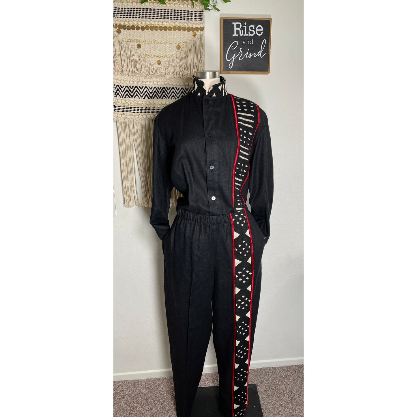 Unisex Vintage NIA Linen Cotton Black and Red Tribal Ethnic Shirt & Pant Set Suit M