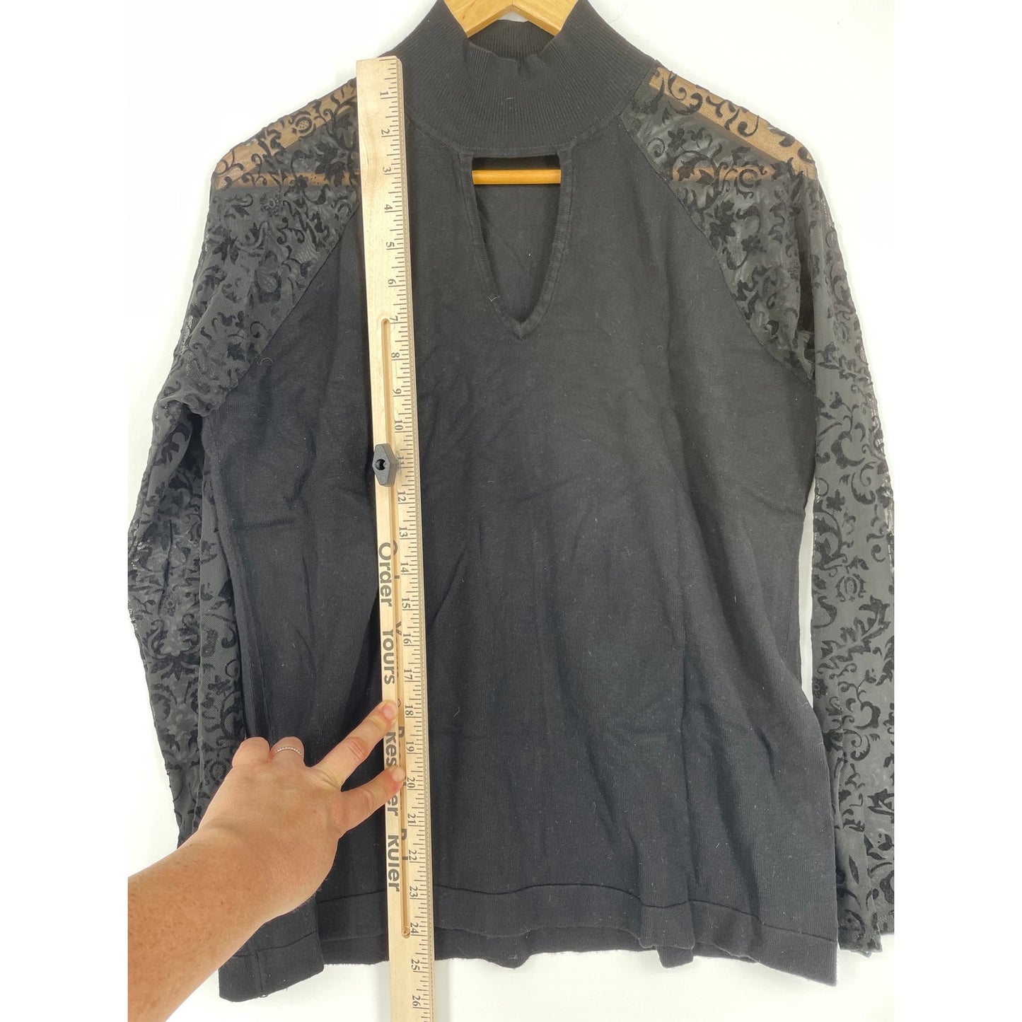 August Silk Black Top with Lace Sleeves Mock Turtleneck Blouse XLe