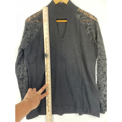 August Silk Black Top with Lace Sleeves Mock Turtleneck Blouse XLe