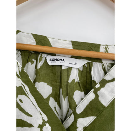 Sonoma V-Neck 3/4 Puff Sleeve Olive Green & White Peasant Blouse Large