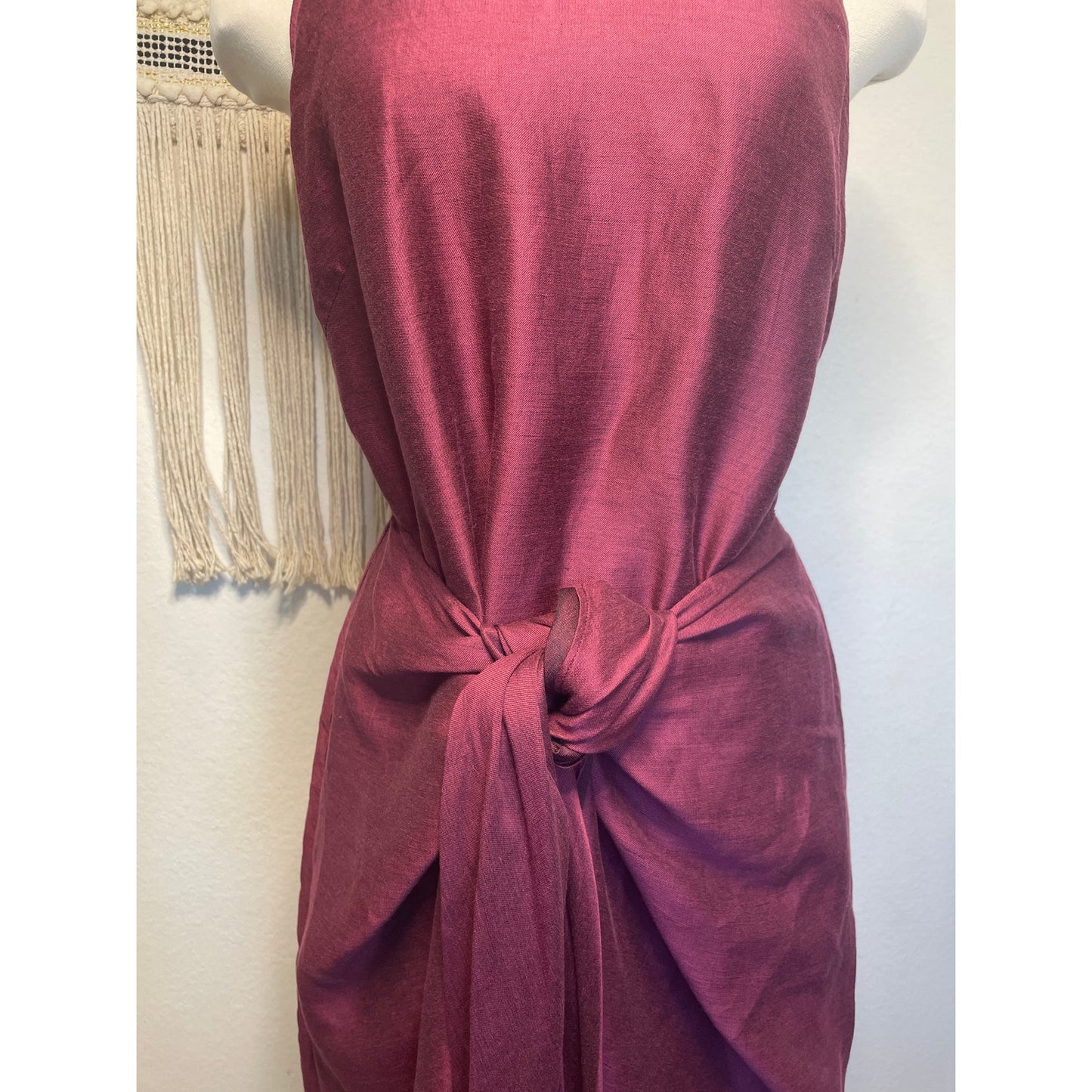 Bondi Born Organic Bulgarian Linen Burgundy Woman’s Wrap Tie Dress Made in Australia Large
