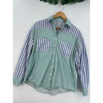 Matching Set Green Blue White %100 Cotton Womans Long Sleeve Button Shirt Shorts Size Med