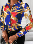 Woman's Style Collection Printed Collared Neck Long Sleeve Blouse