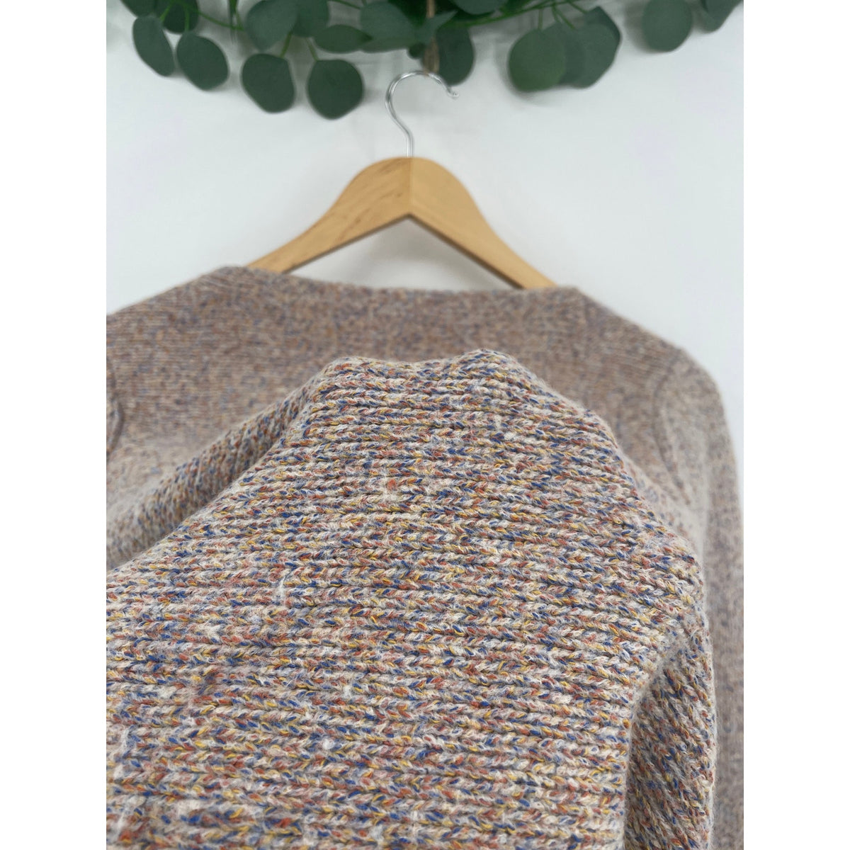 Eileen Fisher Neutral Marled Knit Sweater Bateau Neckline Fringe Hem Med