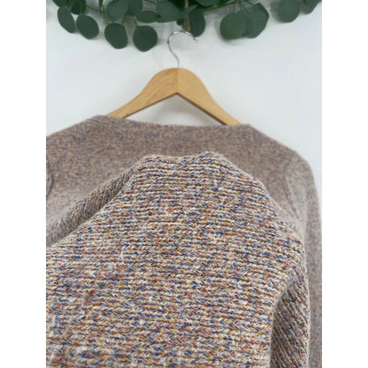 Eileen Fisher Neutral Marled Knit Sweater Bateau Neckline Fringe Hem Med