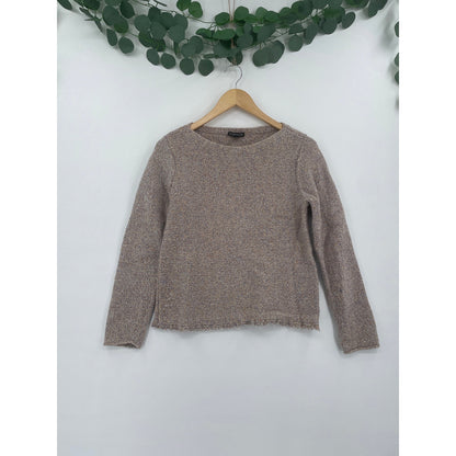 Eileen Fisher Neutral Marled Knit Sweater Bateau Neckline Fringe Hem Med