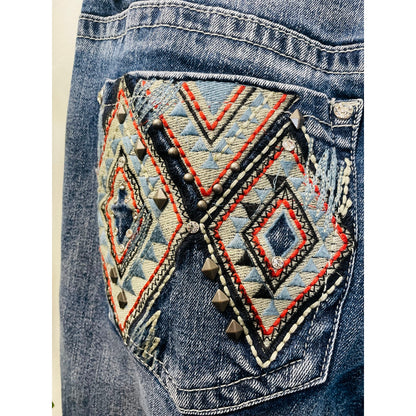 Zenim Denim Western Clear Stones Embroidered Back Pockets Slight Flared Mid Rise Jeans SZ 14