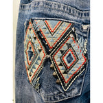 Zenim Denim Western Clear Stones Embroidered Back Pockets Slight Flared Mid Rise Jeans SZ 14