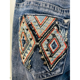 Zenim Denim Western Clear Stones Embroidered Back Pockets Slight Flared Mid Rise Jeans SZ 14