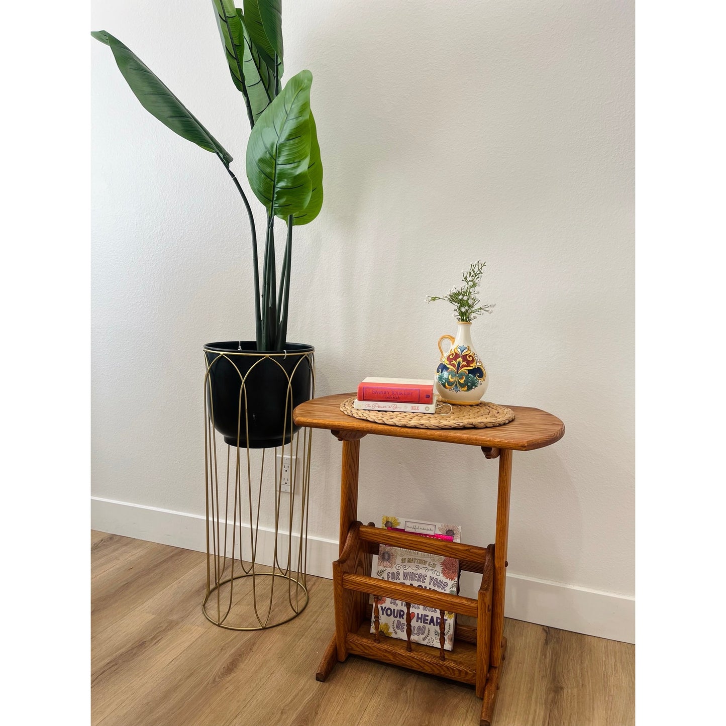 Vintage Hand Crafted Solid Oak Wood Accent Table + Magazine Rack