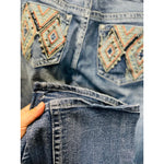 Zenim Denim Western Clear Stones Embroidered Back Pockets Slight Flared Mid Rise Jeans SZ 14