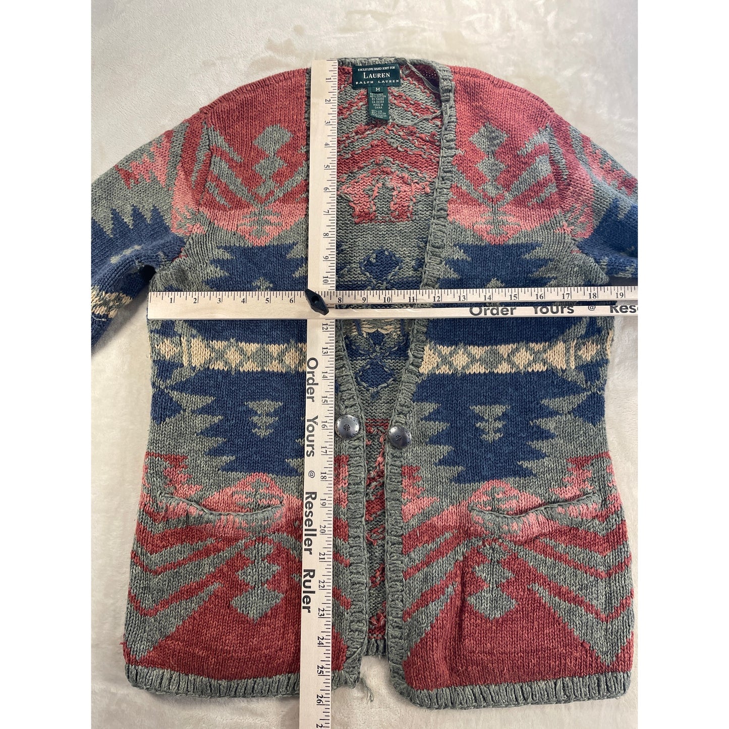 Vintage Exlcusive Hand Knit for Lauren Ralph Lauren Womans Western Aztec Open Knit Sarape Cardigan Sweater -M